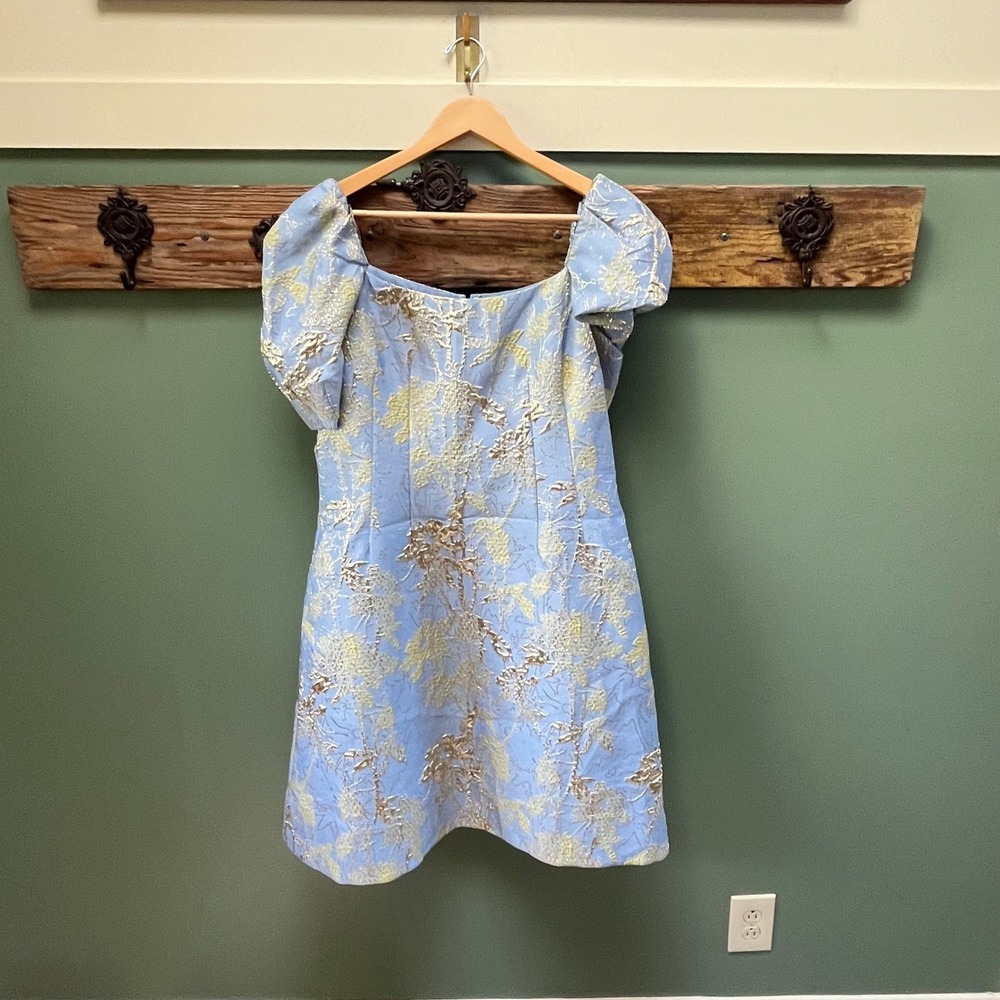 Rickie Freeman Teri Jon Blue Gold Floral Jacquard Puff Sleeve Cocktail Dress 12